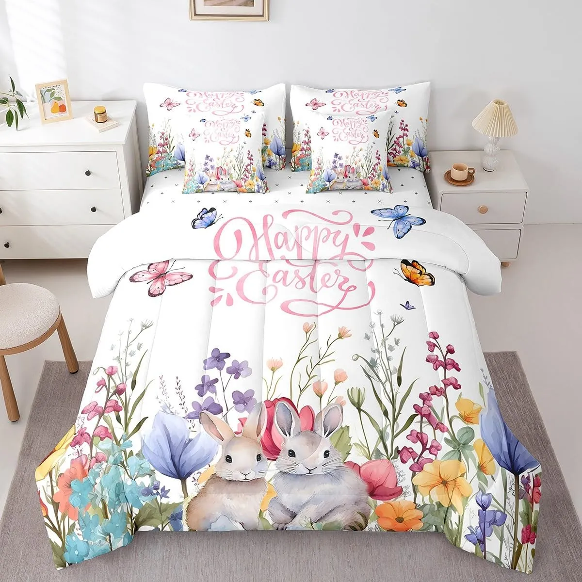 Feelyou Cute Rabbit Bedding Set 7 Pieces Full Size Kids Easter Day Comforter Set Cartoon Animals Bed Set Garden Butterfly Flower Bed in a Bag, Comforter Sheets Pillowcases Cushion Cover