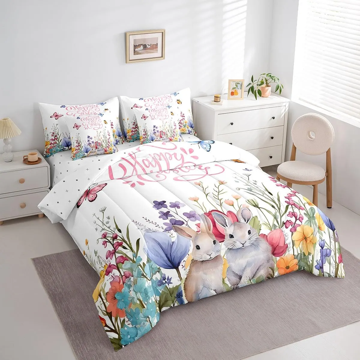 Feelyou Cute Rabbit Bedding Set 7 Pieces Full Size Kids Easter Day Comforter Set Cartoon Animals Bed Set Garden Butterfly Flower Bed in a Bag, Comforter Sheets Pillowcases Cushion Cover