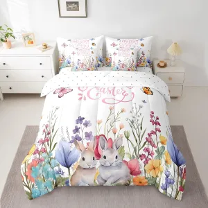 Feelyou Cute Rabbit Bedding Set 7 Pieces Full Size Kids Easter Day Comforter Set Cartoon Animals Bed Set Garden Butterfly Flower Bed in a Bag, Comforter Sheets Pillowcases Cushion Cover