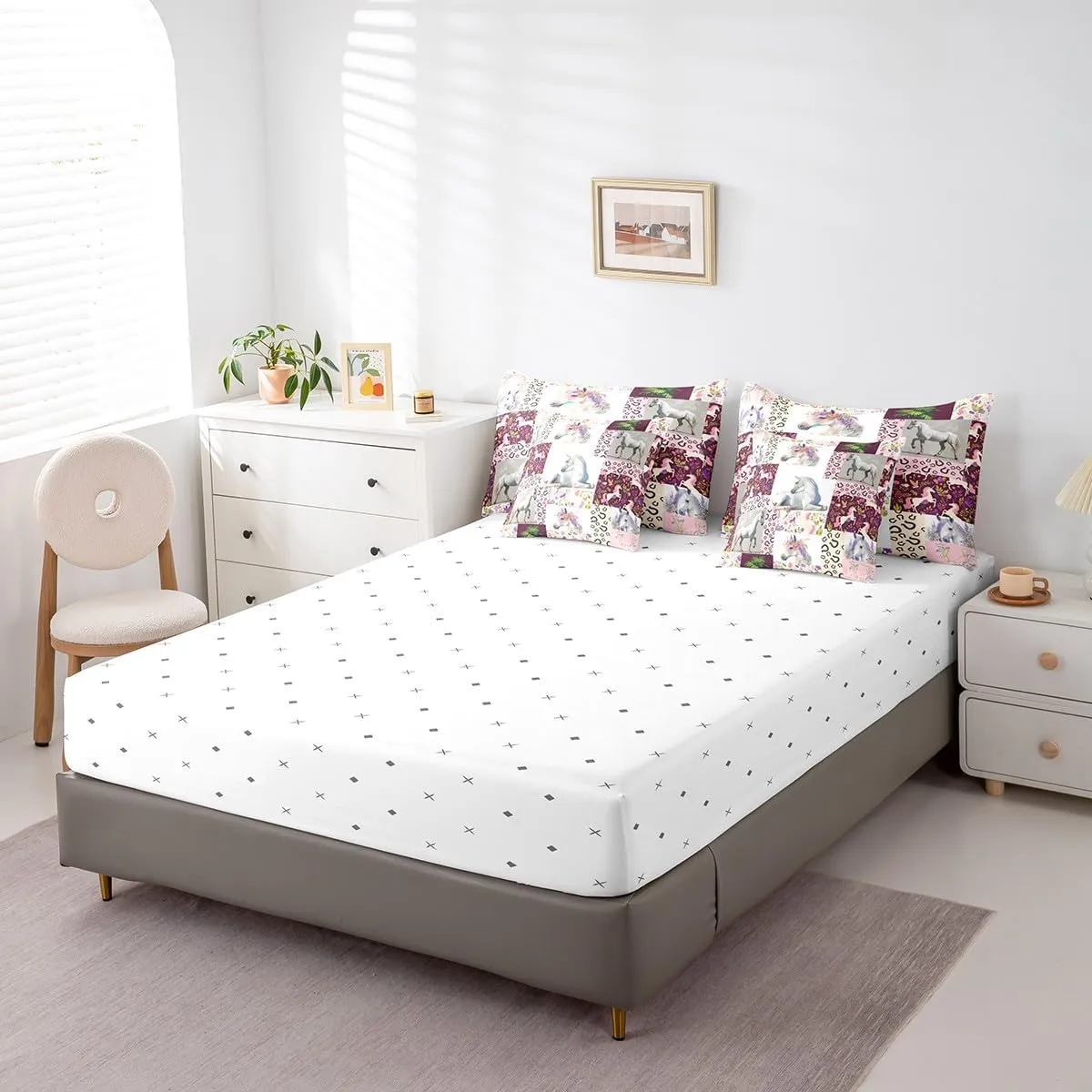 Feelyou Horse Comforter Set 7 Pieces Twin Size Kids, Flral Flower Bedding Set Boys Girls, Horseshoe Western Bed in a Bag,Comforter   Sheets   Pillowcases   Cushion Covers