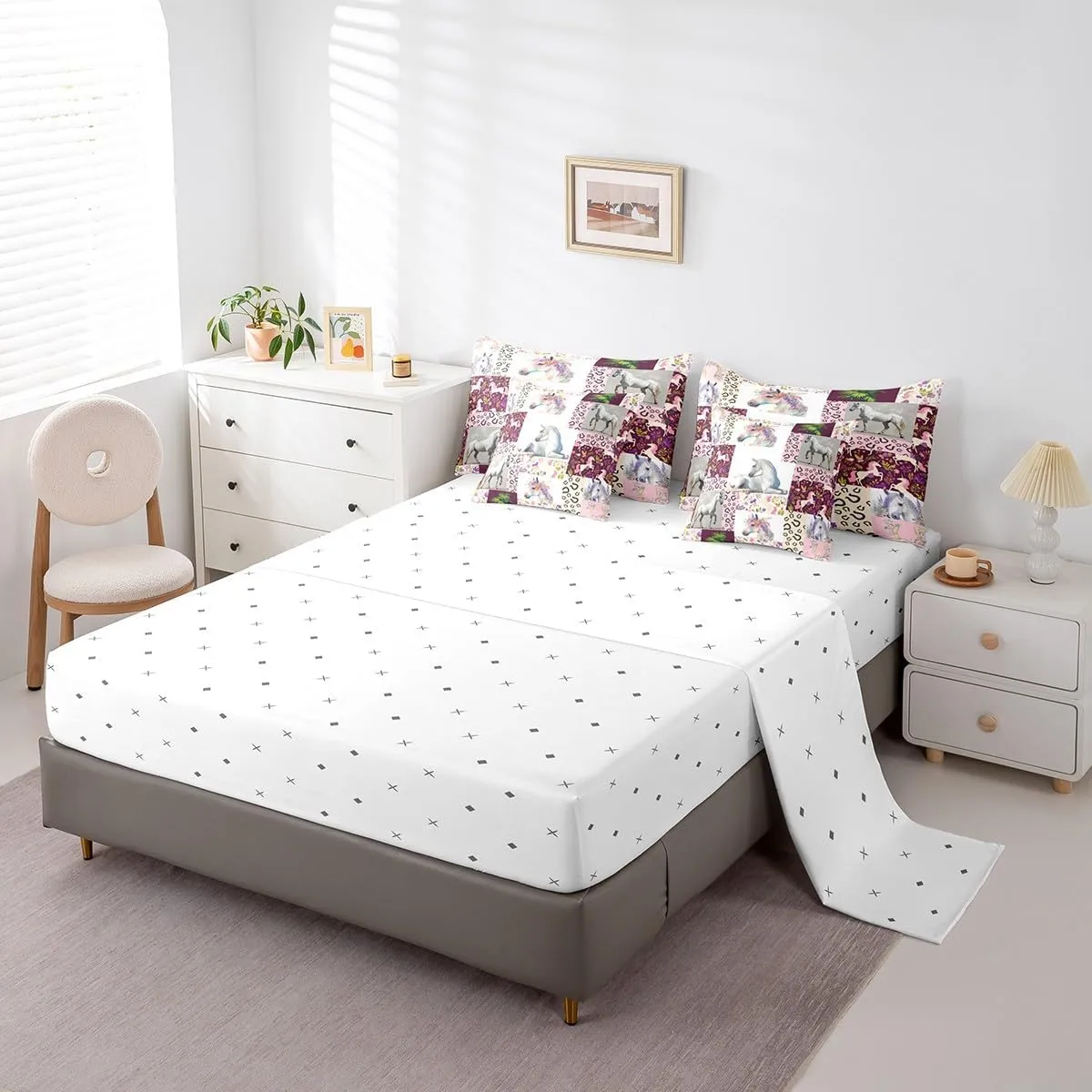 Feelyou Horse Comforter Set 7 Pieces Twin Size Kids, Flral Flower Bedding Set Boys Girls, Horseshoe Western Bed in a Bag,Comforter   Sheets   Pillowcases   Cushion Covers