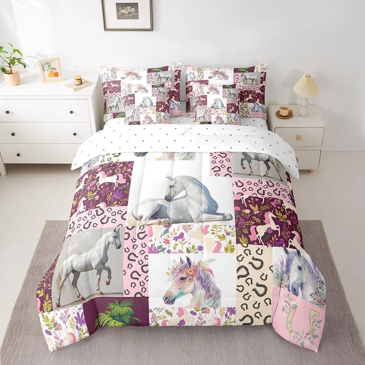 Feelyou Horse Comforter Set 7 Pieces Twin Size Kids, Flral Flower Bedding Set Boys Girls, Horseshoe Western Bed in a Bag,Comforter   Sheets   Pillowcases   Cushion Covers