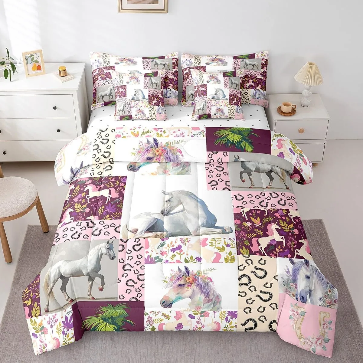 Feelyou Horse Comforter Set 7 Pieces Twin Size Kids, Flral Flower Bedding Set Boys Girls, Horseshoe Western Bed in a Bag,Comforter   Sheets   Pillowcases   Cushion Covers