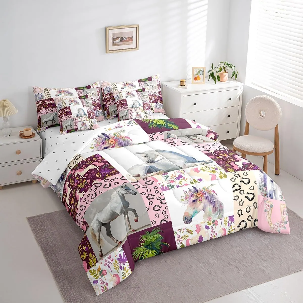 Feelyou Horse Comforter Set 7 Pieces Twin Size Kids, Flral Flower Bedding Set Boys Girls, Horseshoe Western Bed in a Bag,Comforter   Sheets   Pillowcases   Cushion Covers