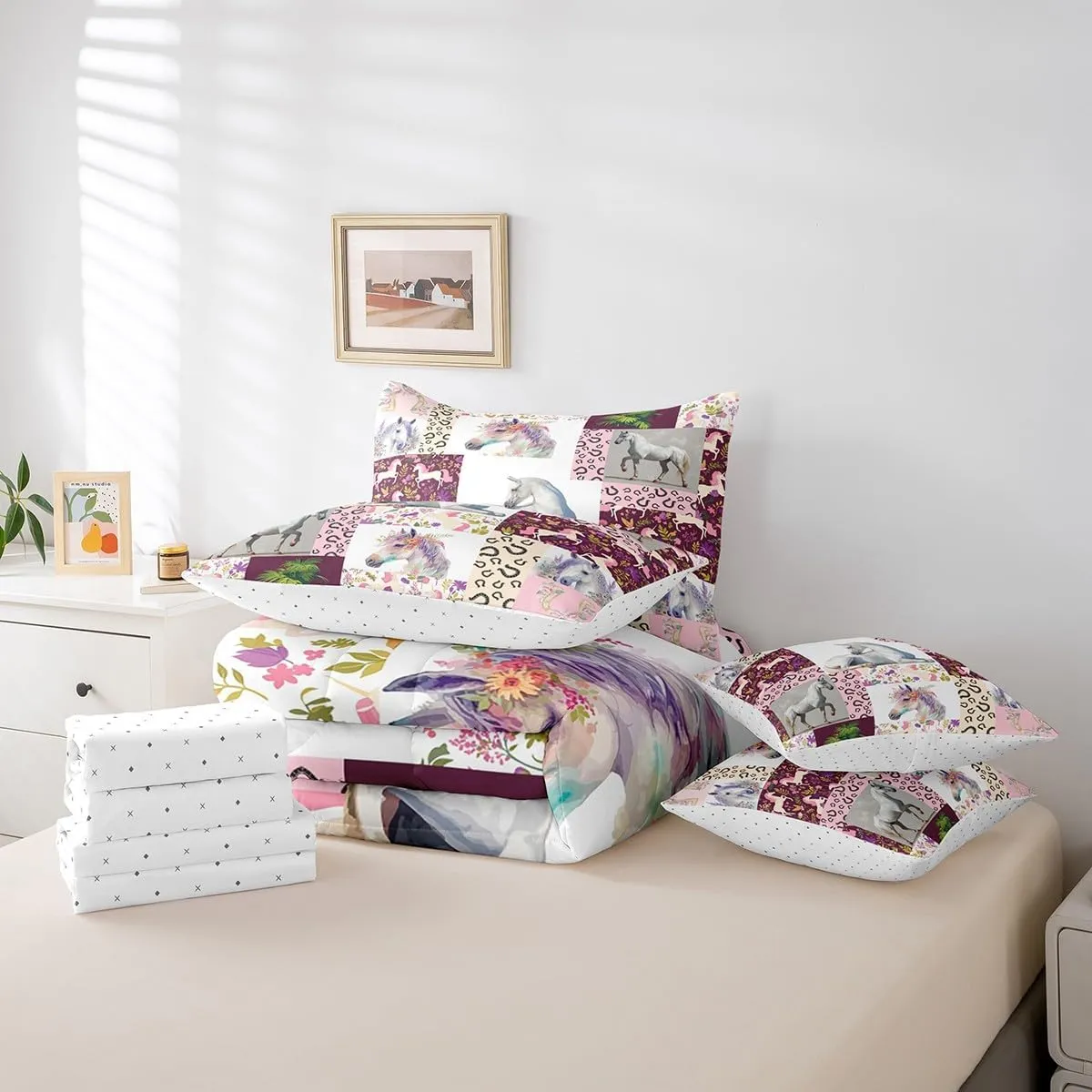Feelyou Horse Comforter Set 7 Pieces Twin Size Kids, Flral Flower Bedding Set Boys Girls, Horseshoe Western Bed in a Bag,Comforter   Sheets   Pillowcases   Cushion Covers