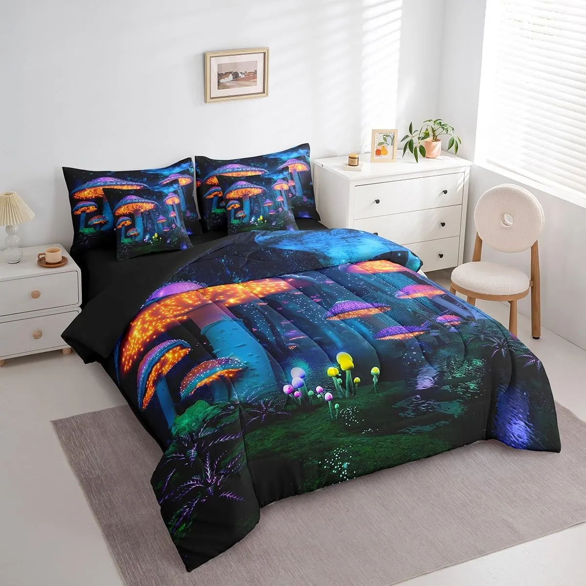 Feelyou Kids Mushroom 7 Piece Bedding Set Twin Size, Boys Girls Natural Wild Fungus Comforter Set with Sheets Set Botanical Bed in a Bag with Reversible Comforter, Sheets, Pillowcases & Cushion Cover