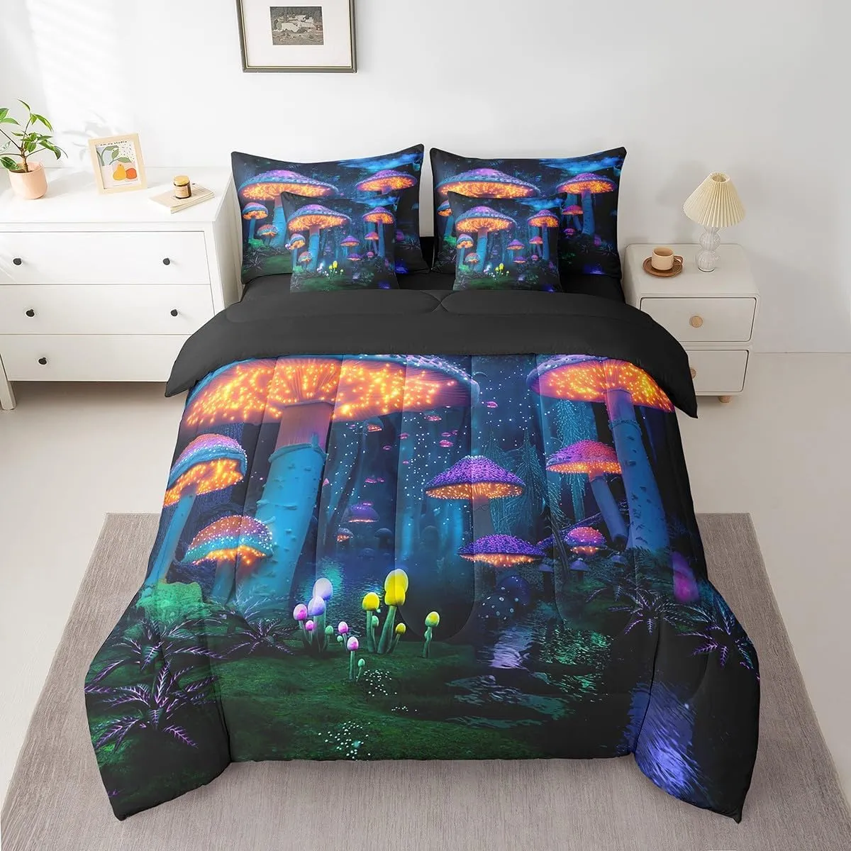 Feelyou Kids Mushroom 7 Piece Bedding Set Twin Size, Boys Girls Natural Wild Fungus Comforter Set with Sheets Set Botanical Bed in a Bag with Reversible Comforter, Sheets, Pillowcases & Cushion Cover