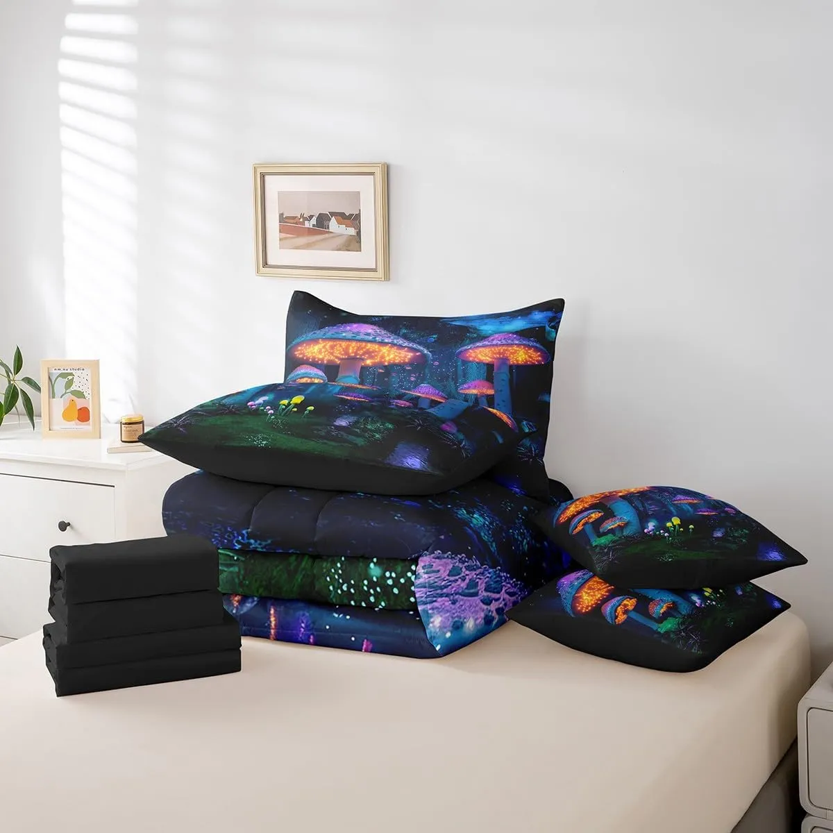 Feelyou Kids Mushroom 7 Piece Bedding Set Twin Size, Boys Girls Natural Wild Fungus Comforter Set with Sheets Set Botanical Bed in a Bag with Reversible Comforter, Sheets, Pillowcases & Cushion Cover