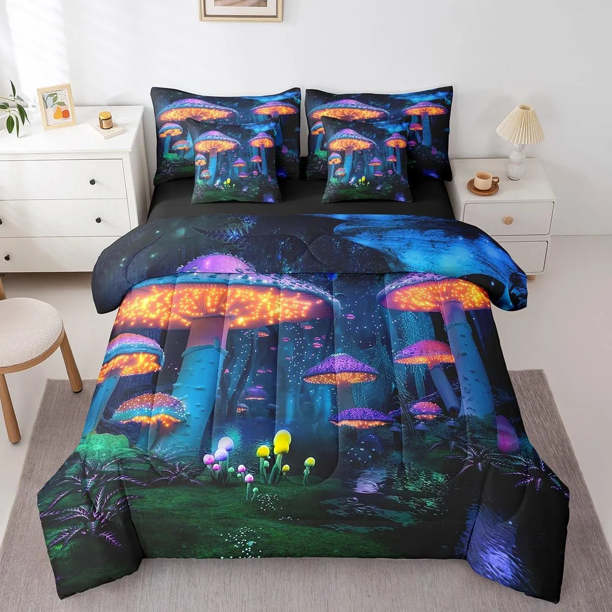 Feelyou Kids Mushroom 7 Piece Bedding Set Twin Size, Boys Girls Natural Wild Fungus Comforter Set with Sheets Set Botanical Bed in a Bag with Reversible Comforter, Sheets, Pillowcases & Cushion Cover