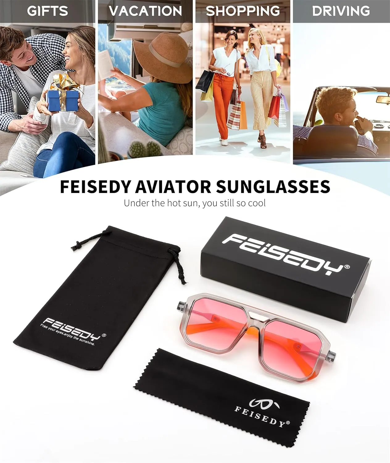 FEISEDY Retro Aviator Sunglasses for Women Men 70s Vintage Square Frames Pilot Sun Glasses B9151
