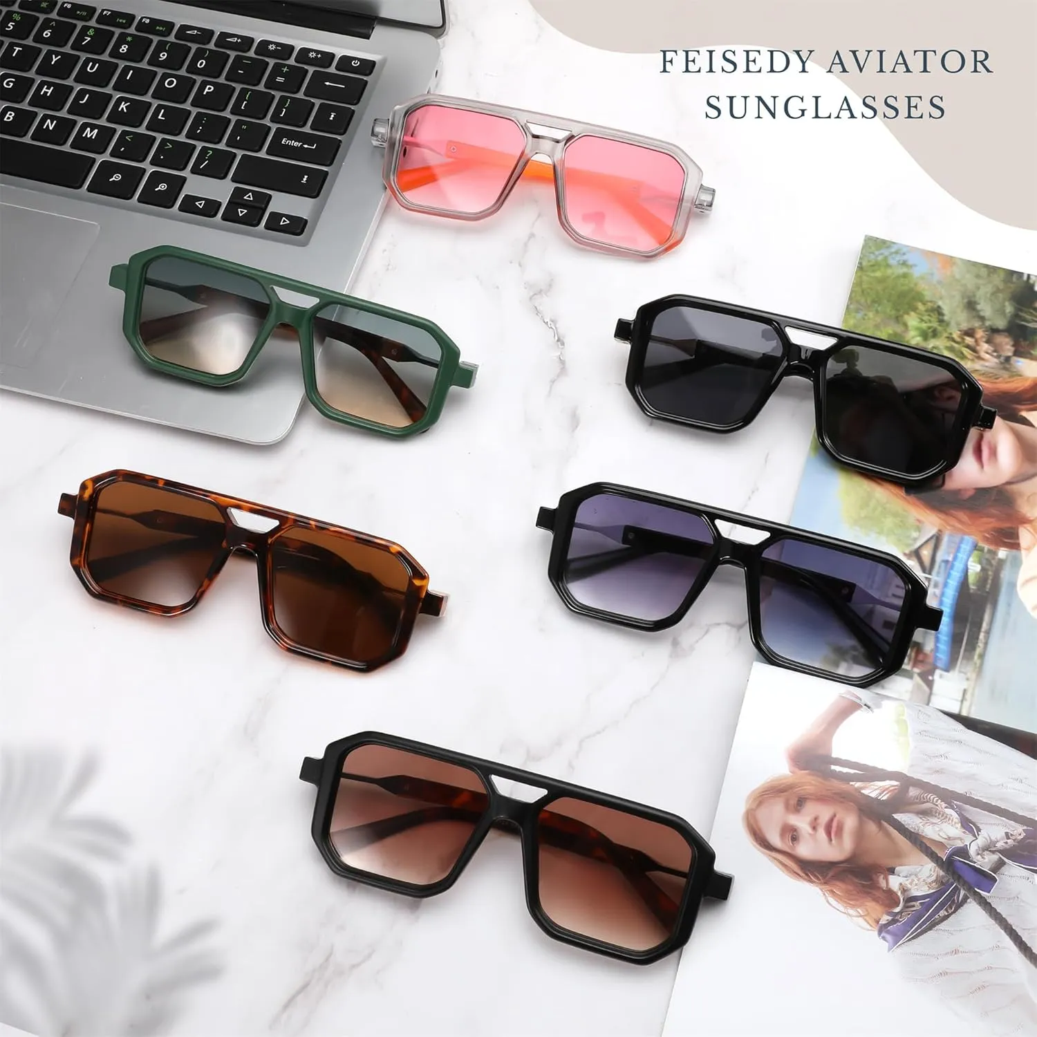 FEISEDY Retro Aviator Sunglasses for Women Men 70s Vintage Square Frames Pilot Sun Glasses B9151