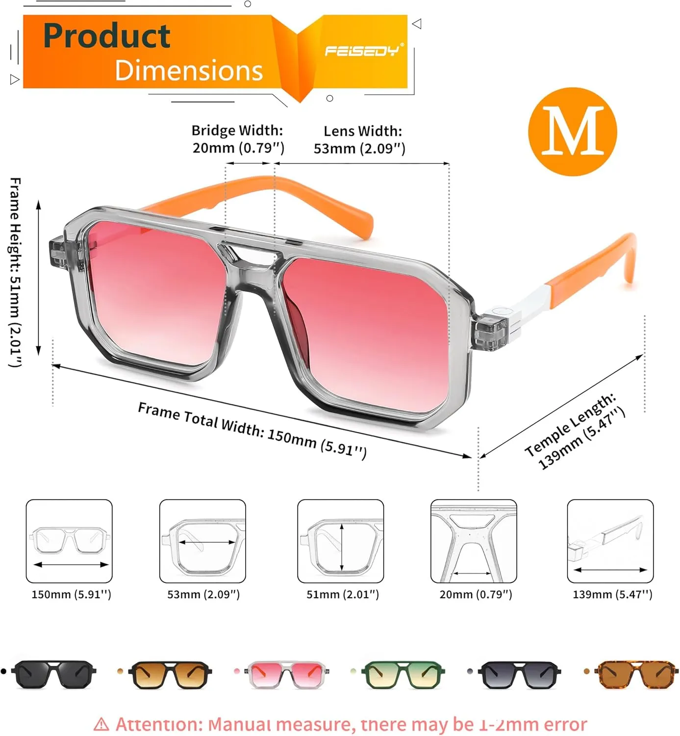 FEISEDY Retro Aviator Sunglasses for Women Men 70s Vintage Square Frames Pilot Sun Glasses B9151