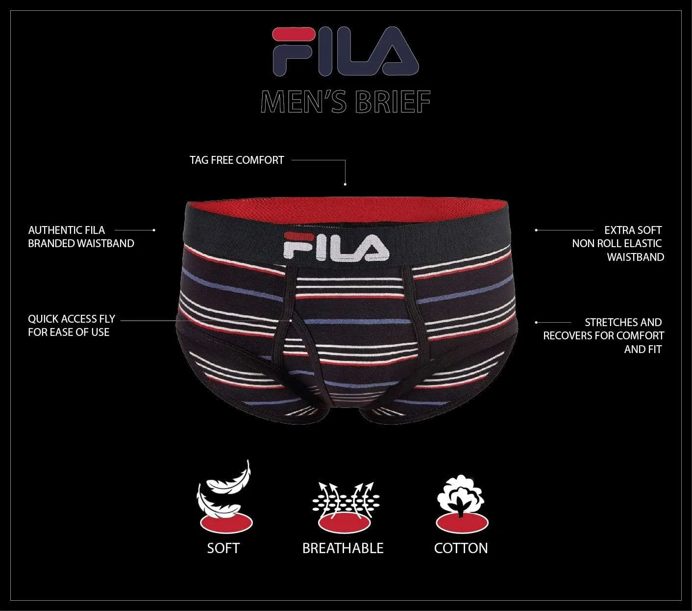 Fila Men's Regular Rise Brief Fly Front with Pouch, 4-Pack of Tagless Underwear