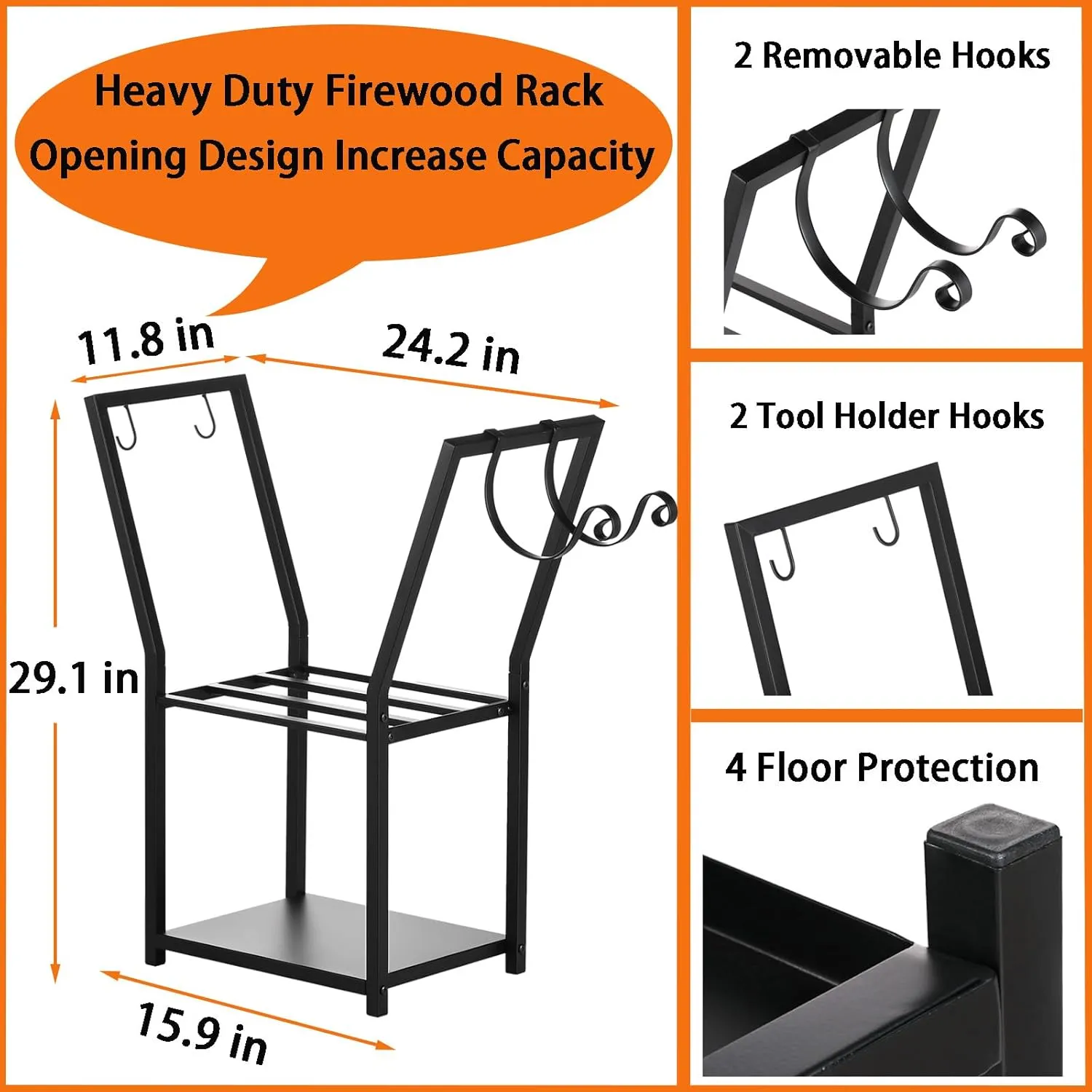 Firewood Rack for Indoor and Outdoor,2 Tier Fireplace Log Firewood Holder with Kindling Wood Hook,Heavy Duty Indoor Fire Wood Storage Stand (29 * 24 * 11.8 Inch, Black)
