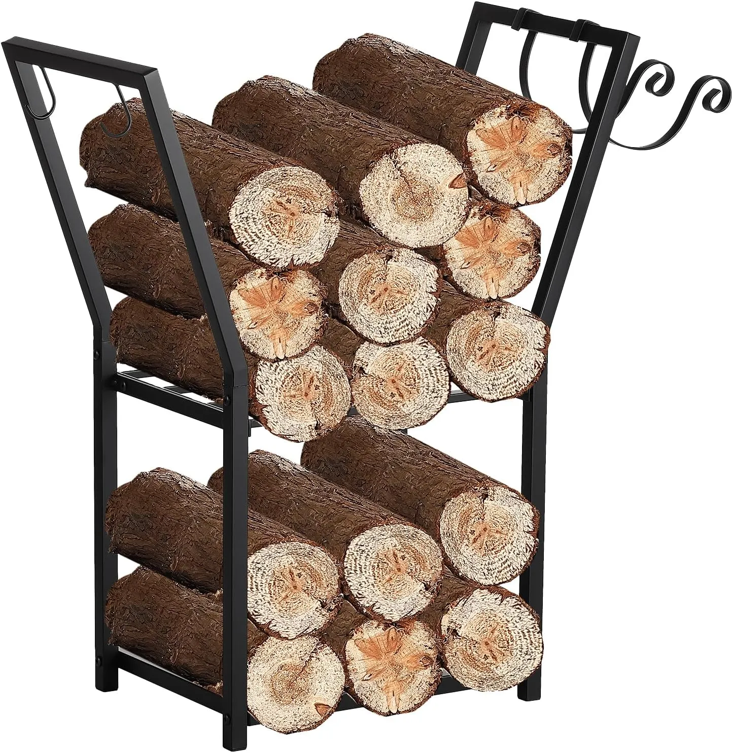 Firewood Rack for Indoor and Outdoor,2 Tier Fireplace Log Firewood Holder with Kindling Wood Hook,Heavy Duty Indoor Fire Wood Storage Stand (29 * 24 * 11.8 Inch, Black)