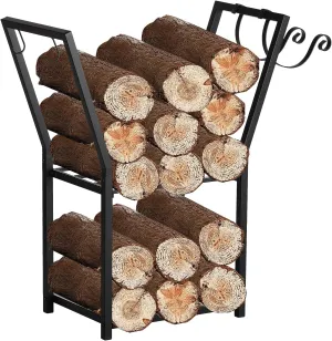 Firewood Rack for Indoor and Outdoor,2 Tier Fireplace Log Firewood Holder with Kindling Wood Hook,Heavy Duty Indoor Fire Wood Storage Stand (29 * 24 * 11.8 Inch, Black)