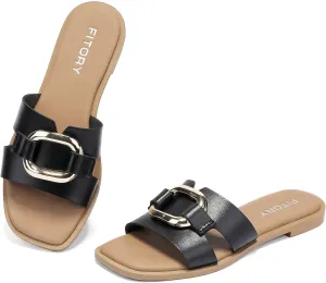 FITORY Women's Flat Sandals Fashion Square Open Toe Slides With Metal Chain Slippers for Summer Size 6-11