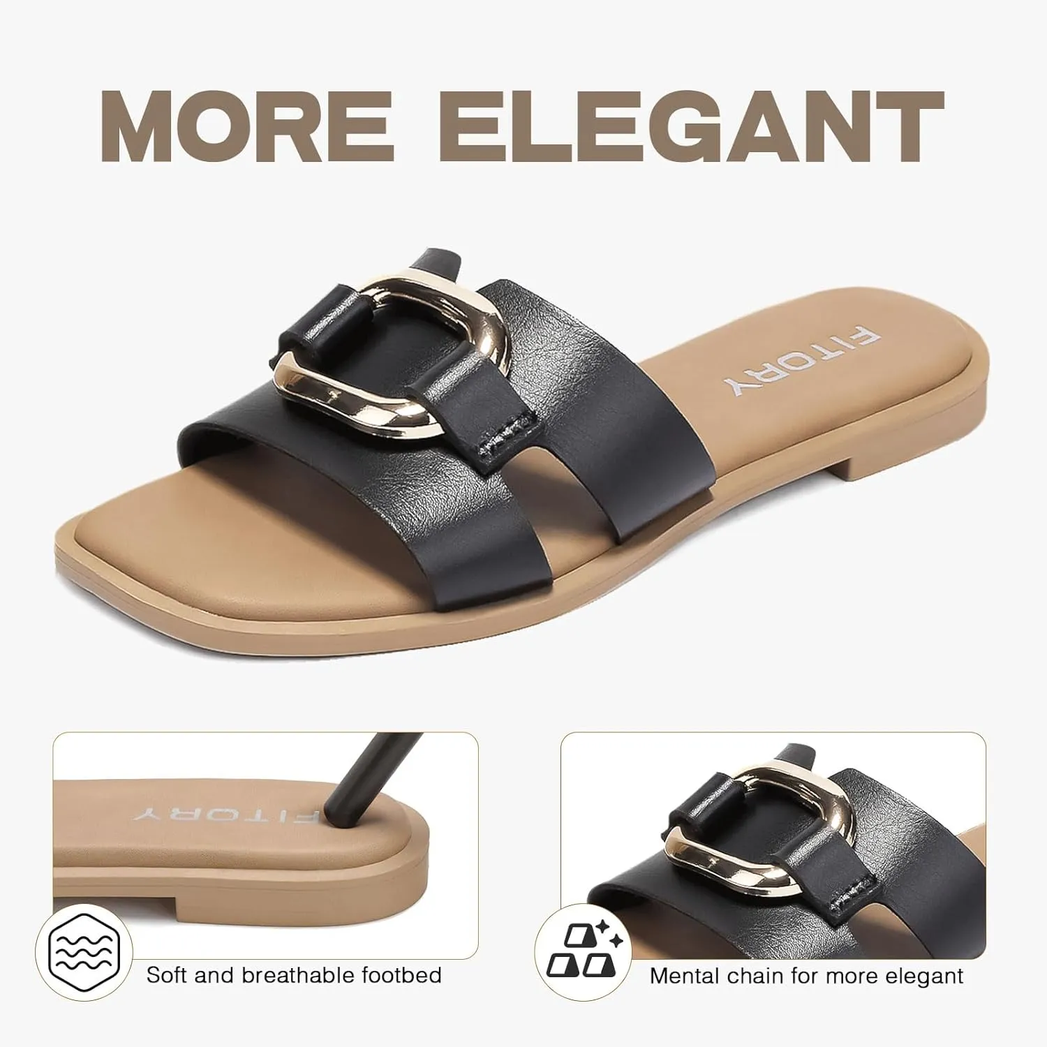 FITORY Women's Flat Sandals Fashion Square Open Toe Slides With Metal Chain Slippers for Summer Size 6-11