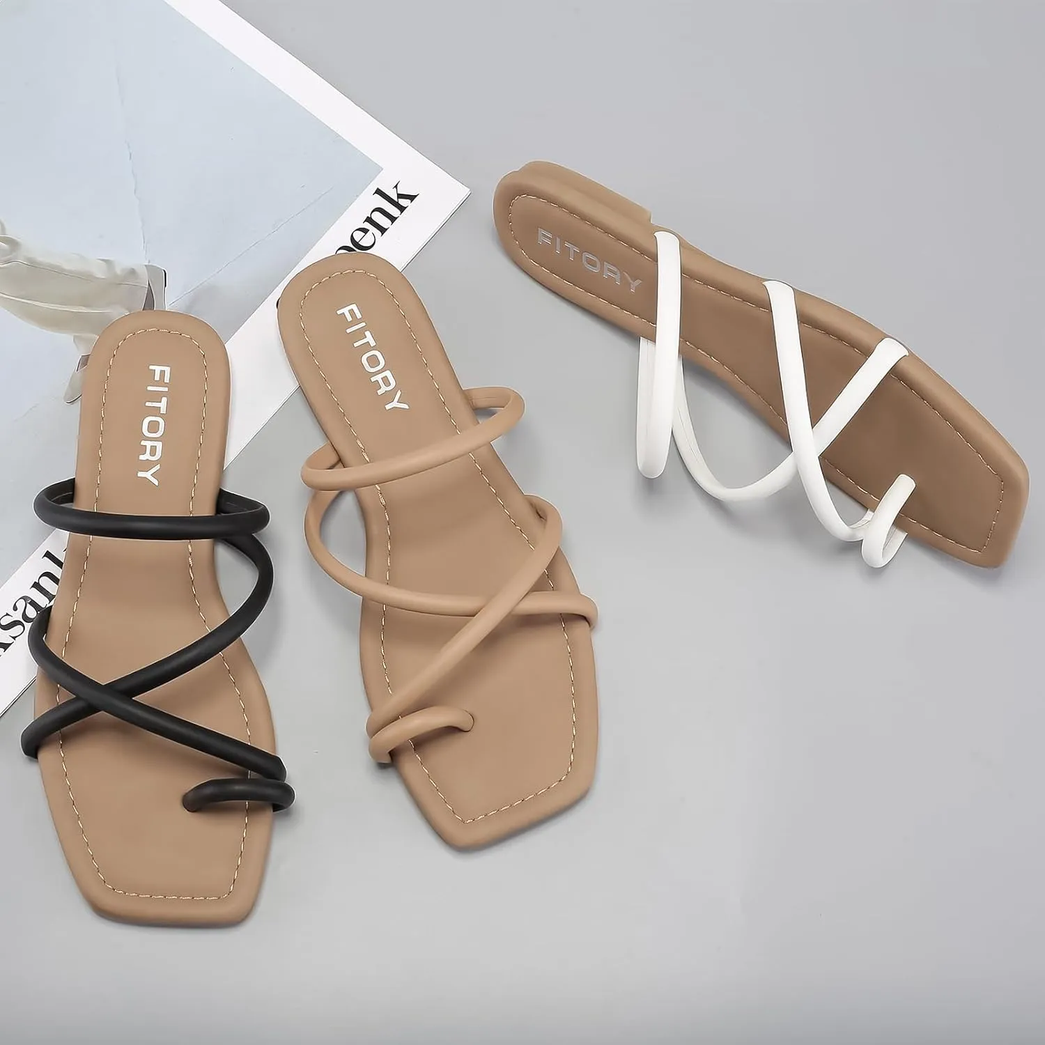 FITORY Women's Slide Sandals Flat Toe Ring Thongs with Cross Strap for Summer Size