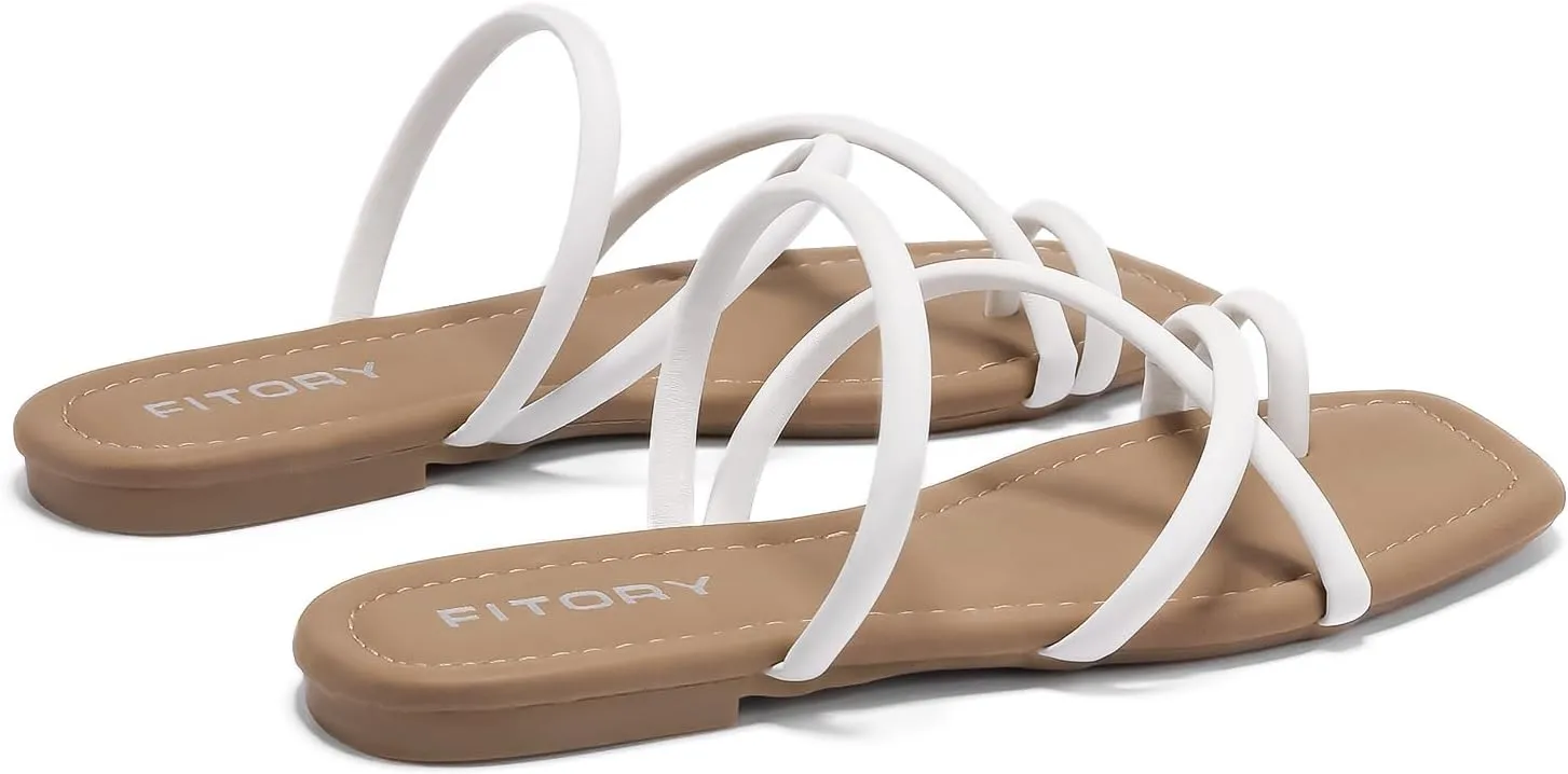 FITORY Women's Slide Sandals Flat Toe Ring Thongs with Cross Strap for Summer Size