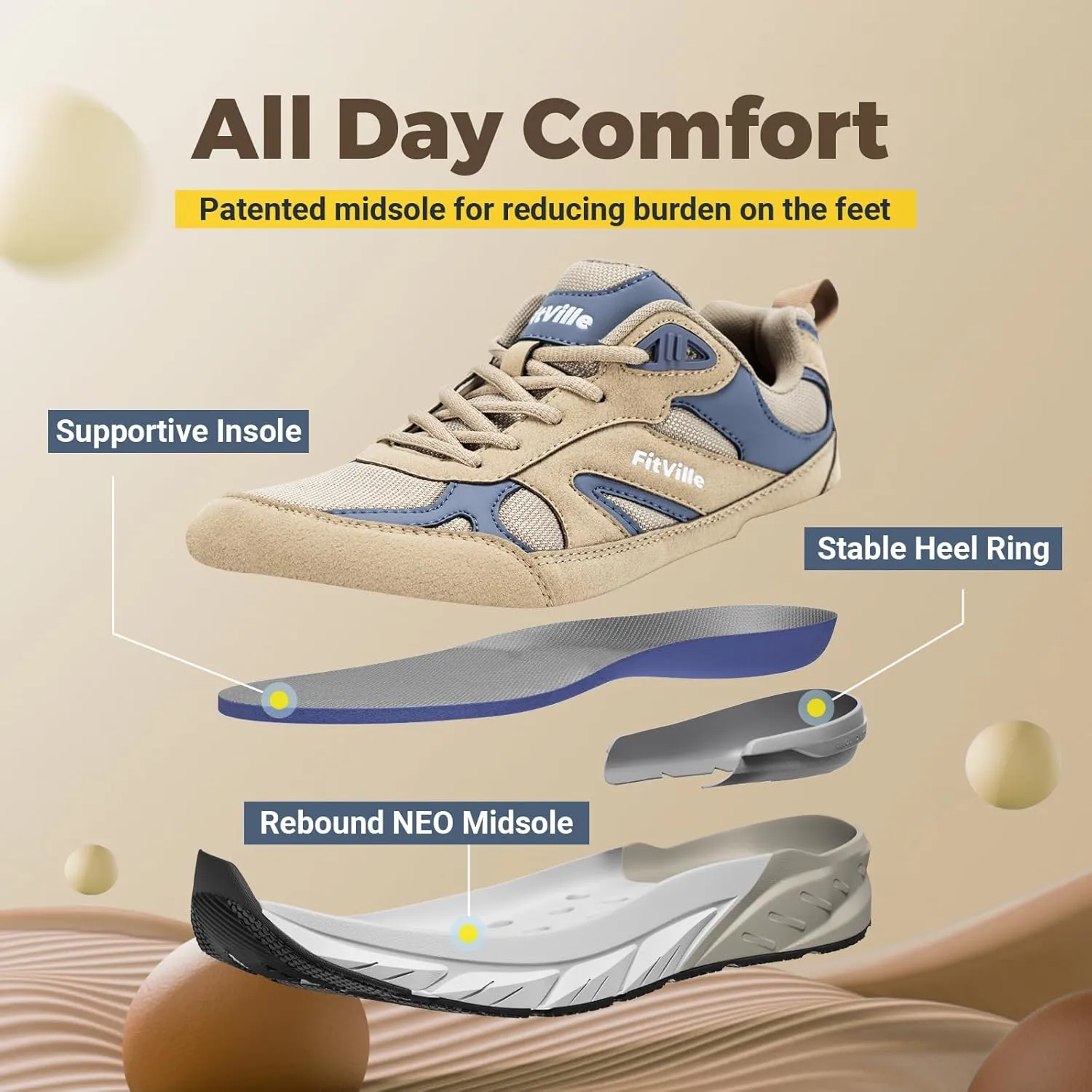 FitVille Wide Walking Shoes for Men Extra Wide Width Sneakers with Arch Support for Flat Feet Heel Pain Relief Plantar Fasciitis - Rebound NEO V1