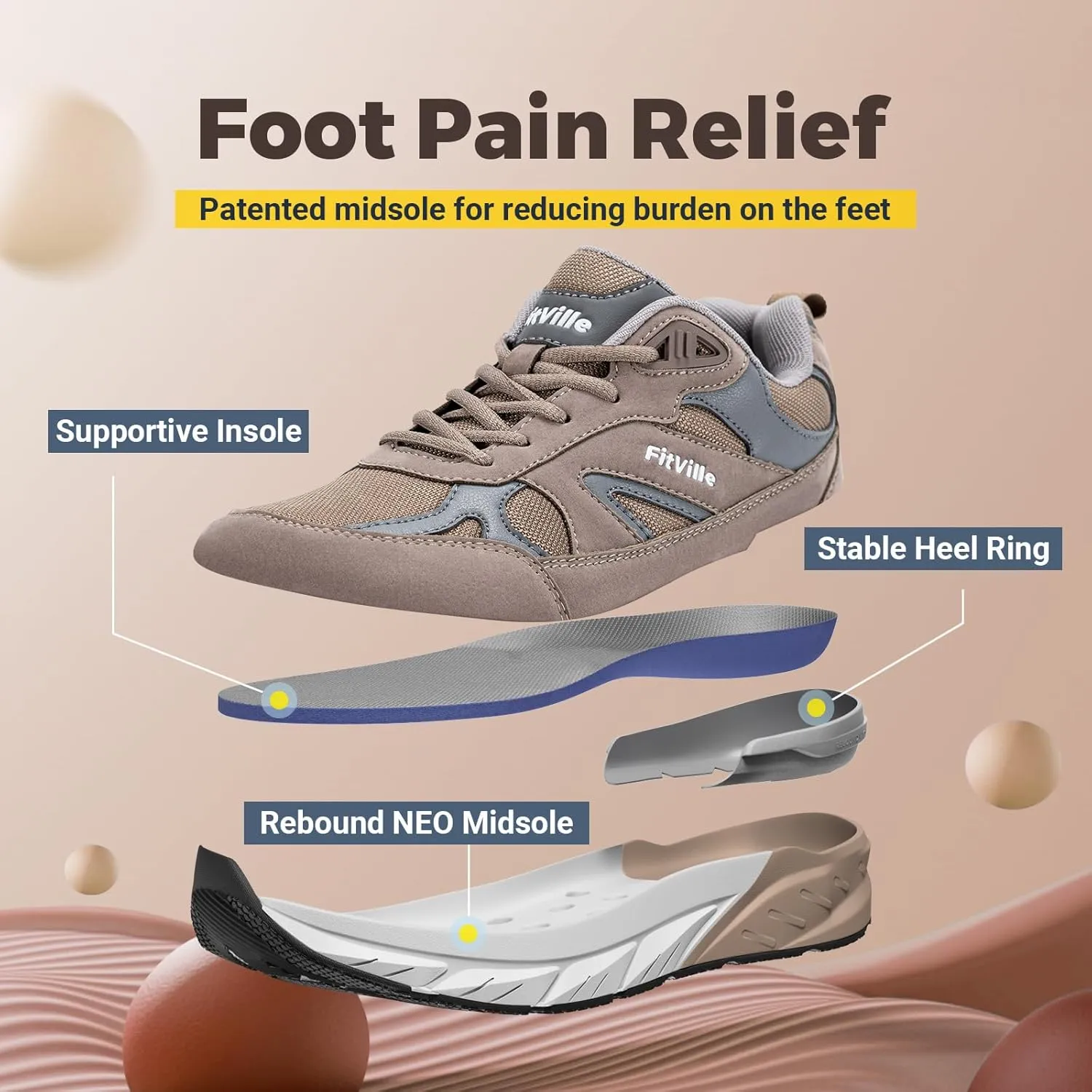 FitVille Wide Walking Shoes for Men Extra Wide Width Sneakers with Arch Support for Flat Feet Heel Pain Relief Plantar Fasciitis - Rebound NEO V1