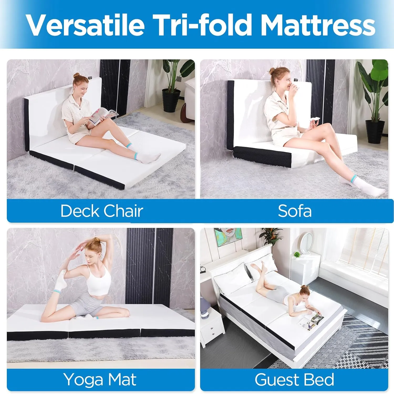 Folding Mattress,3 inch Twin Tri-Folding Memory Foam Mattress, Portable Trifold with Washable Cover, Non-Slip Bottom for Camping & Guest Beds, 75"x38"x3"