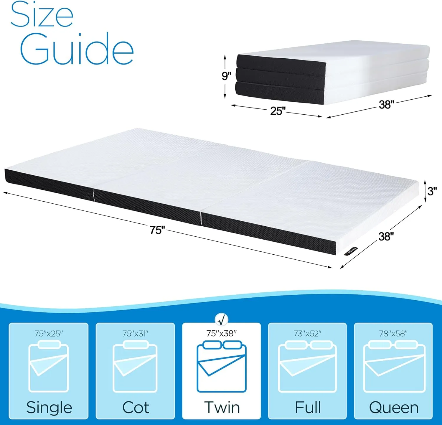 Folding Mattress,3 inch Twin Tri-Folding Memory Foam Mattress, Portable Trifold with Washable Cover, Non-Slip Bottom for Camping & Guest Beds, 75"x38"x3"