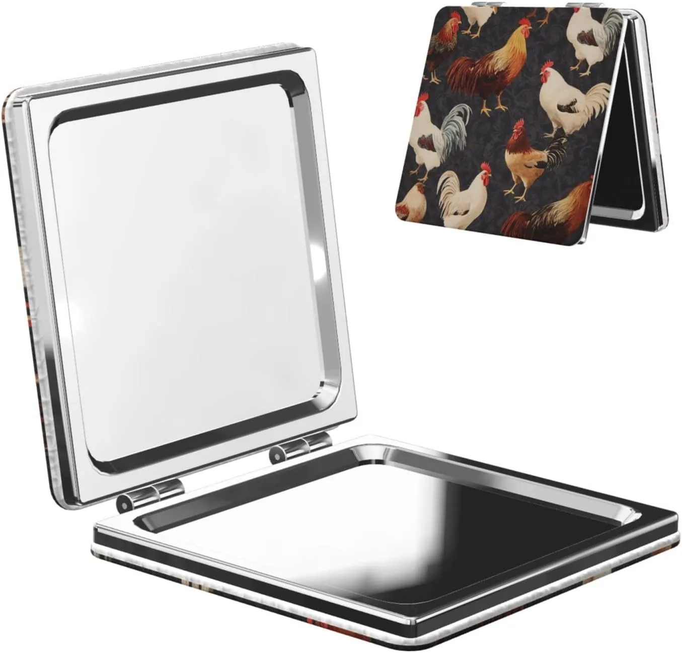 French Roosters Printed Square Pocket Makeup Mirror with 1X/2X Magnification, Portable Mini Travel Makeup Mirror for Travel Daily Work Beauty