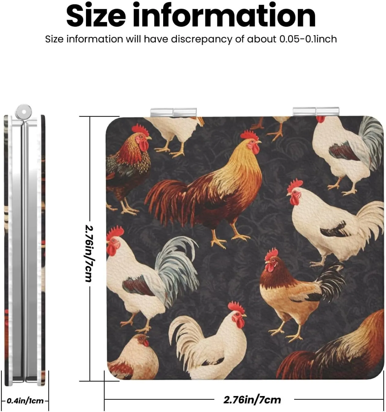 French Roosters Printed Square Pocket Makeup Mirror with 1X/2X Magnification, Portable Mini Travel Makeup Mirror for Travel Daily Work Beauty