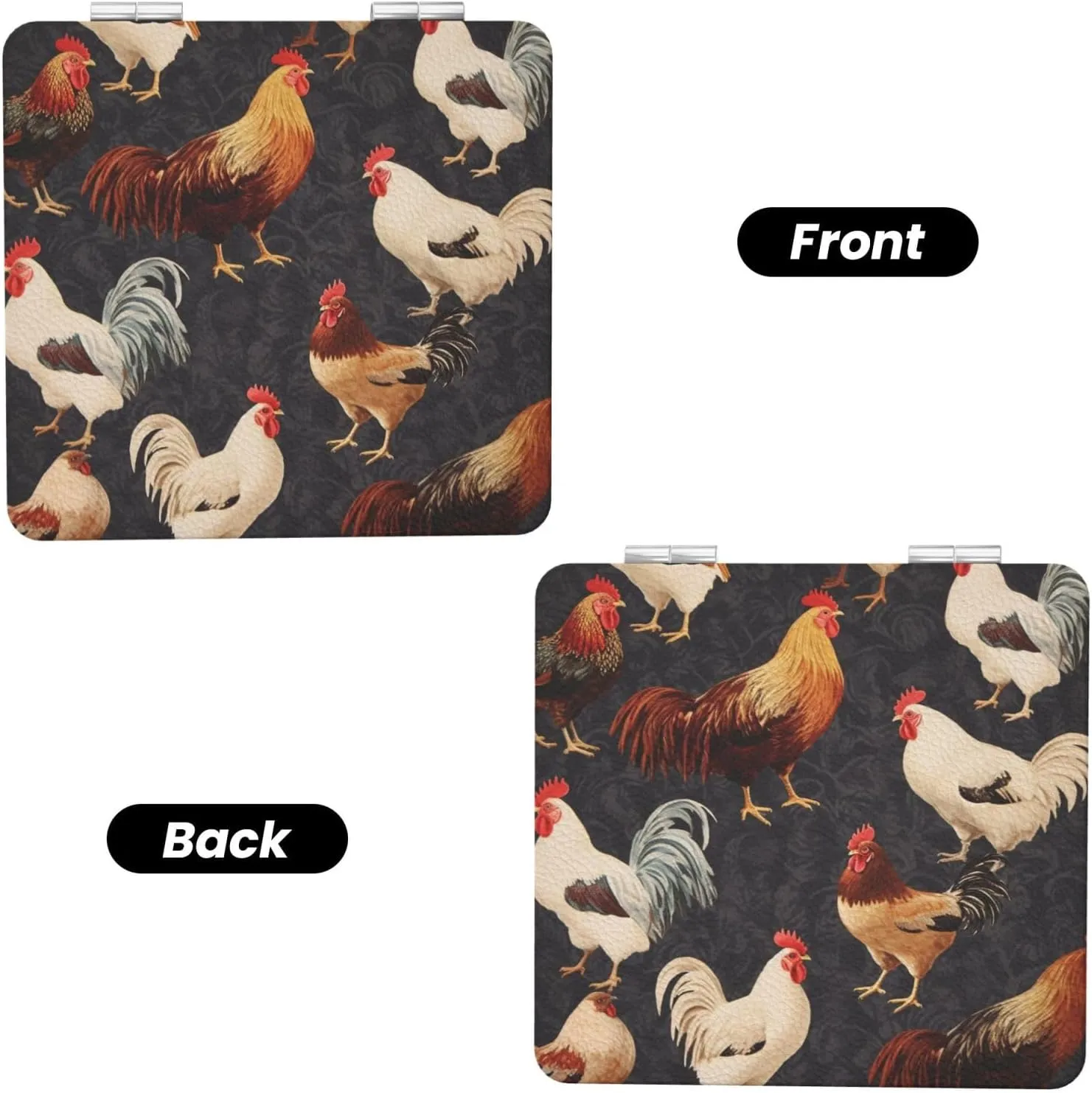 French Roosters Printed Square Pocket Makeup Mirror with 1X/2X Magnification, Portable Mini Travel Makeup Mirror for Travel Daily Work Beauty