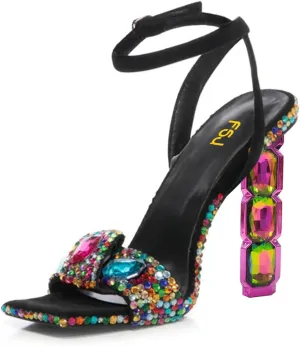 FSJ Women Colored Diamond Heel Sandals Square Open Toe Ankle Strap Special Jewel Chunky High Heel Sandals Party Shopping Holiday Shoes Size 4-16 US