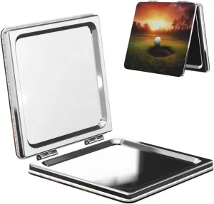 Golf Sport at Sunset Printed Square Pocket Makeup Mirror with 1X/2X Magnification, Portable Mini Travel Makeup Mirror for Travel Daily Work Beauty