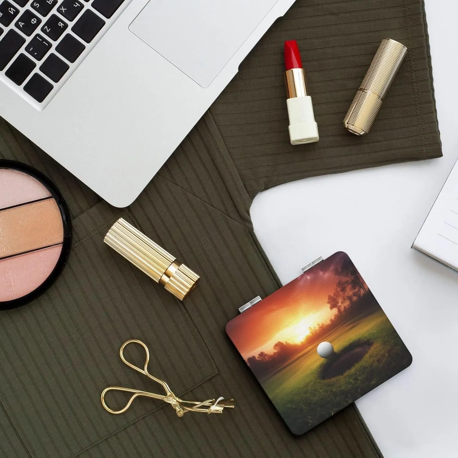 Golf Sport at Sunset Printed Square Pocket Makeup Mirror with 1X/2X Magnification, Portable Mini Travel Makeup Mirror for Travel Daily Work Beauty