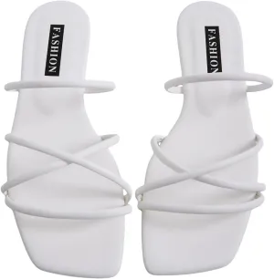 GORGLITTER PU Leather Flat Slip on Sandals Cross Strap Open Toe Summer Slide Sandals