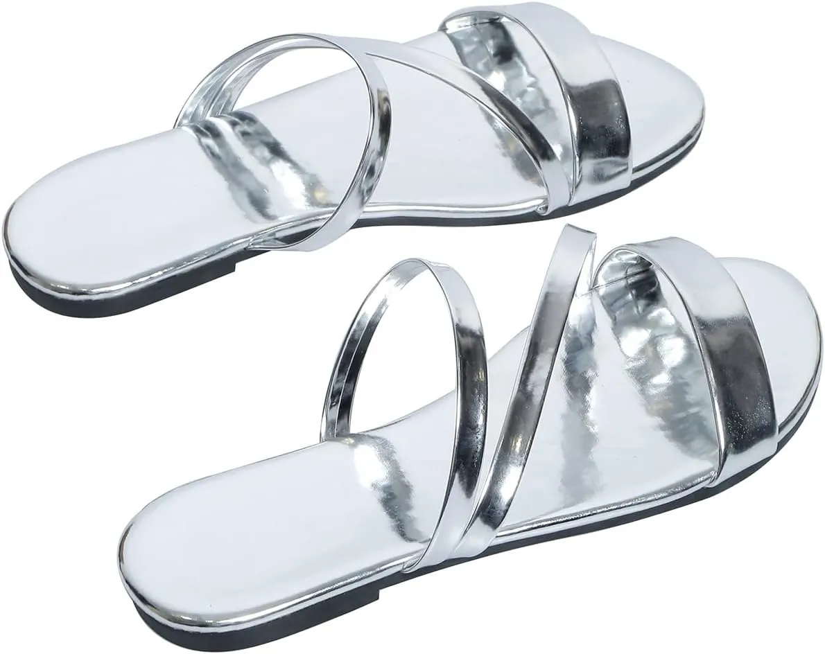 GORGLITTER Women's Metallic Strappy Open Toe Flat Sandal PU Leather Summer Slides Sandals
