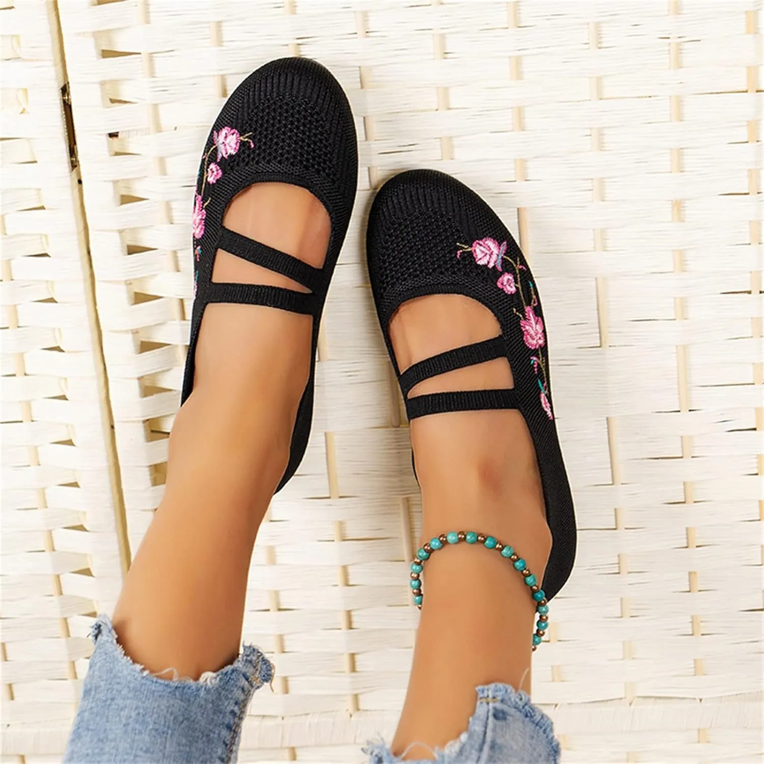 Hbeylia Knitted Ballet Flats for Women Ladies Round Toe Strappy Comfortable Formal Dress Loafers Casual Slip On Walking Driving Shoes for Work Nurse
