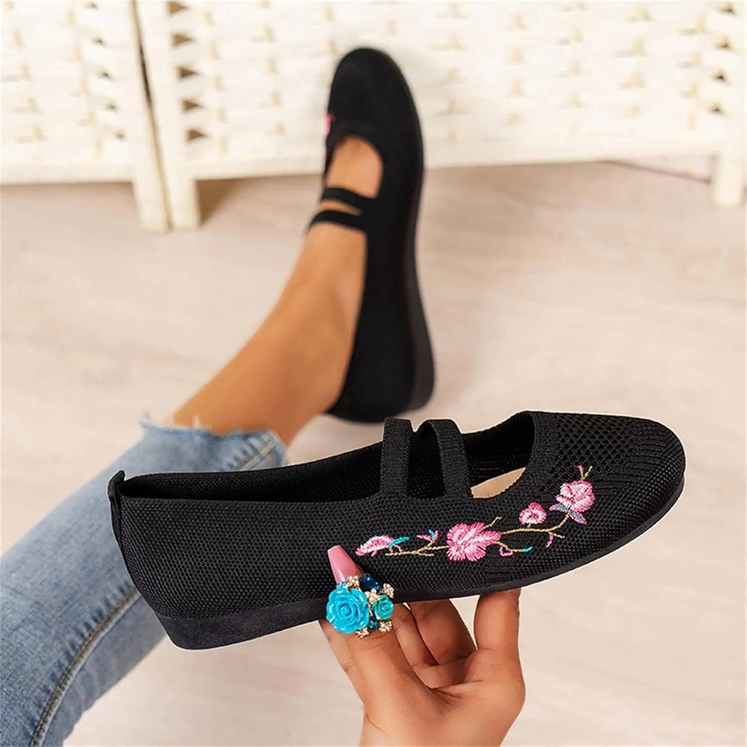 Hbeylia Knitted Ballet Flats for Women Ladies Round Toe Strappy Comfortable Formal Dress Loafers Casual Slip On Walking Driving Shoes for Work Nurse