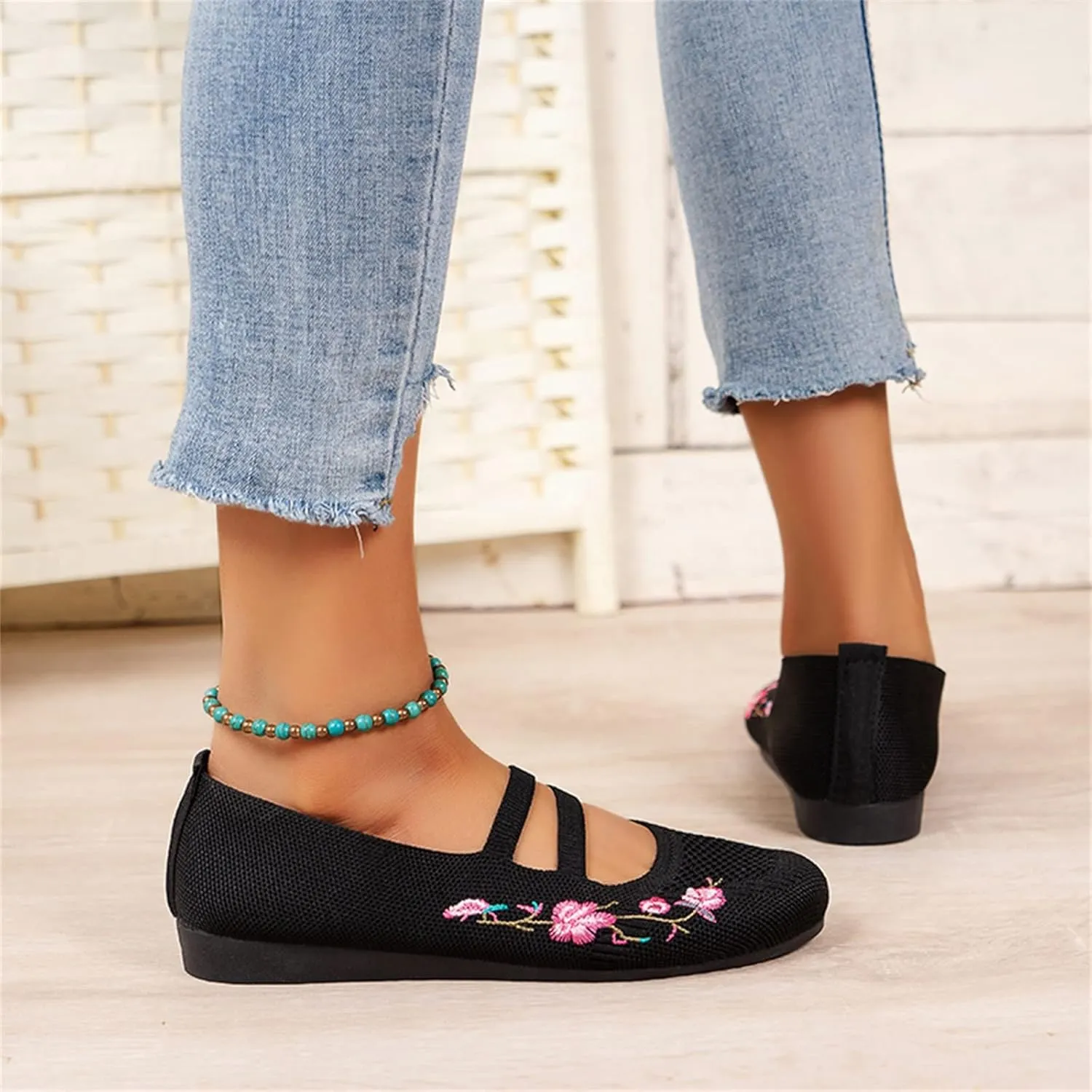 Hbeylia Knitted Ballet Flats for Women Ladies Round Toe Strappy Comfortable Formal Dress Loafers Casual Slip On Walking Driving Shoes for Work Nurse