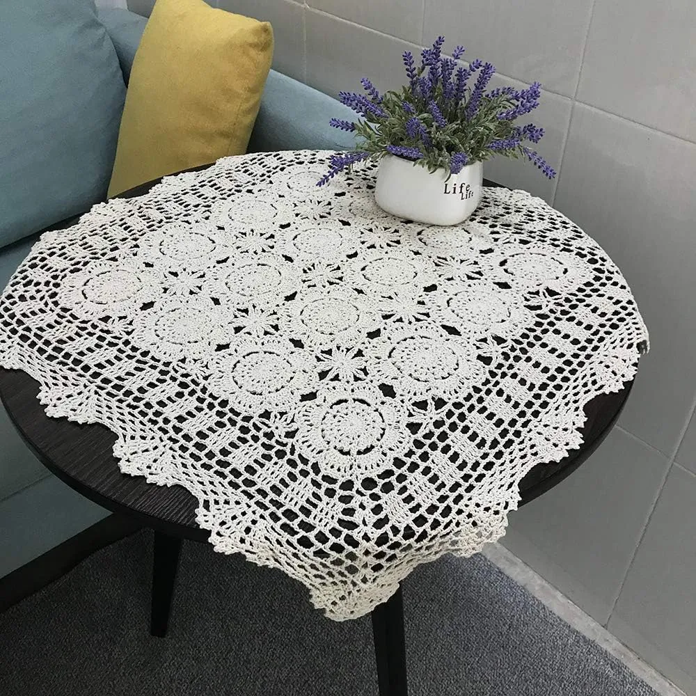 Hetao 100% Cotton Handmade Crochet Square Tablecloth Doilies Lace Table Covers ,Beige, 27 Inch