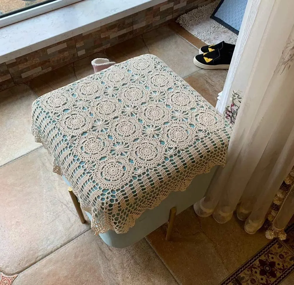 Hetao 100% Cotton Handmade Crochet Square Tablecloth Doilies Lace Table Covers ,Beige, 27 Inch