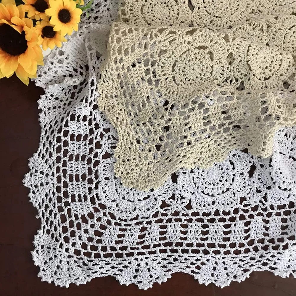 Hetao 100% Cotton Handmade Crochet Square Tablecloth Doilies Lace Table Covers ,Beige, 27 Inch