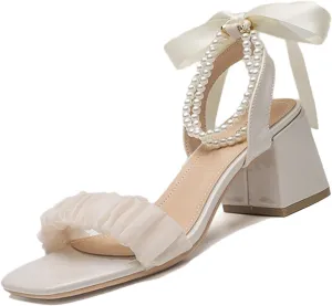 High heel wedding sandals, women's transparent medium heel square strap high heels, open toe bridal wedding shoes