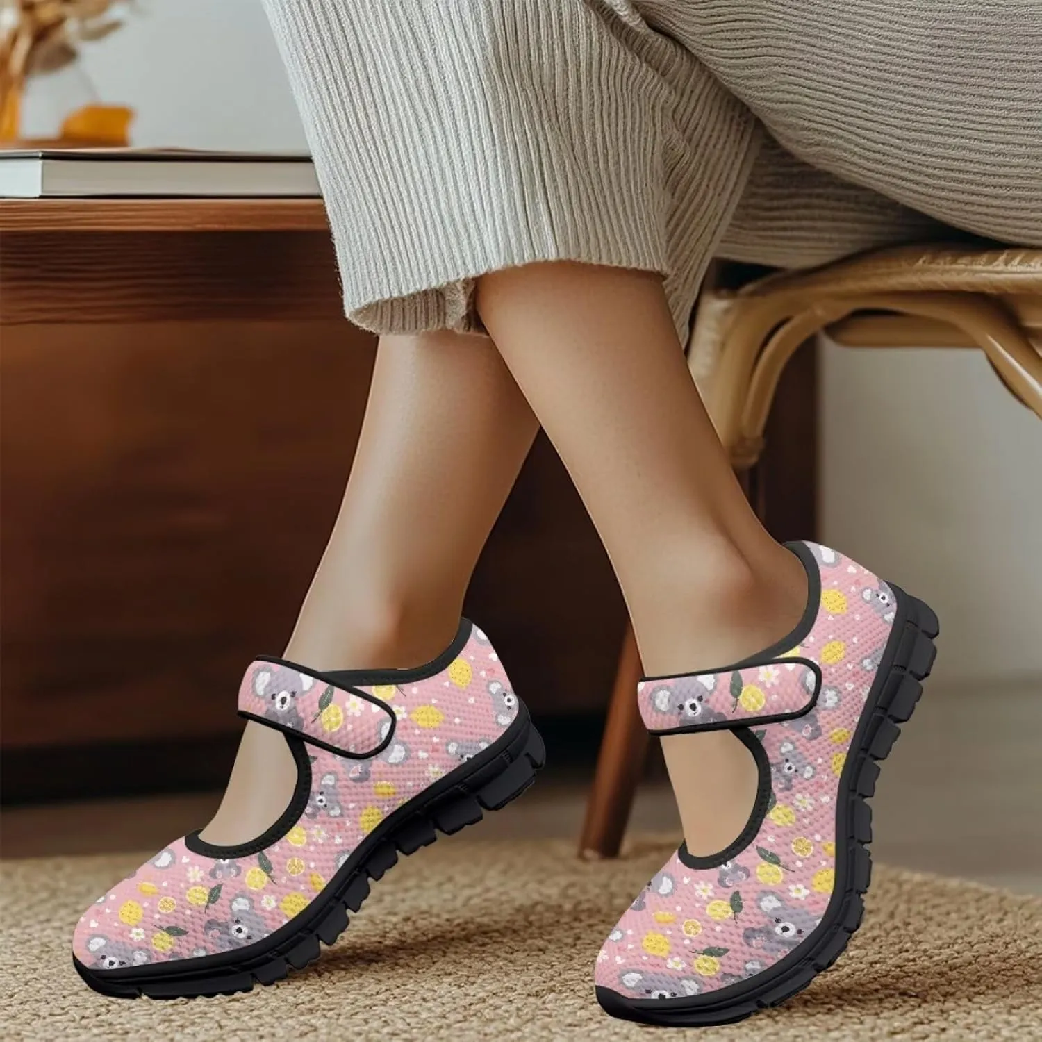 Howilath Animal Print Mary Jane Shoes Women Round Toe Dress Dance Shoes Mesh Casual Flats Shoes