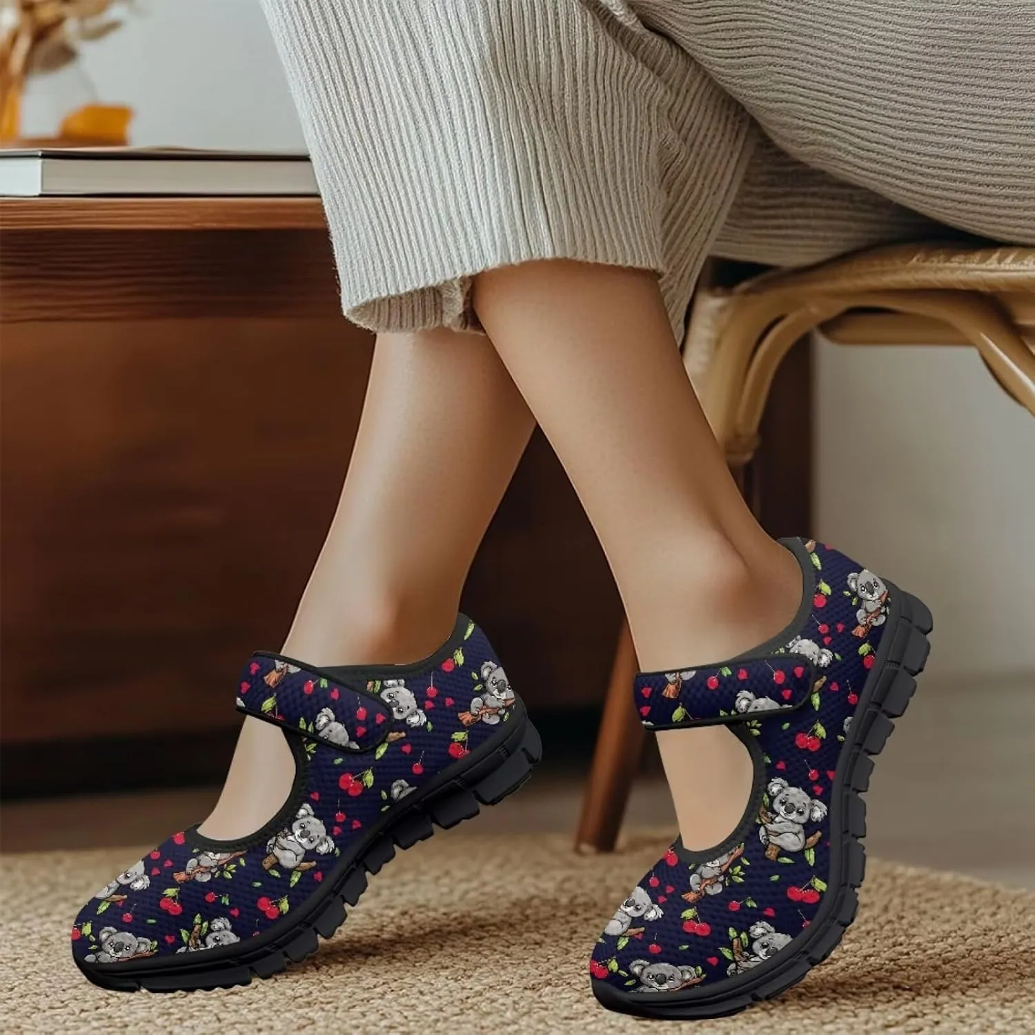 Howilath Animal Print Mary Jane Shoes Women Round Toe Dress Dance Shoes Mesh Casual Flats Shoes