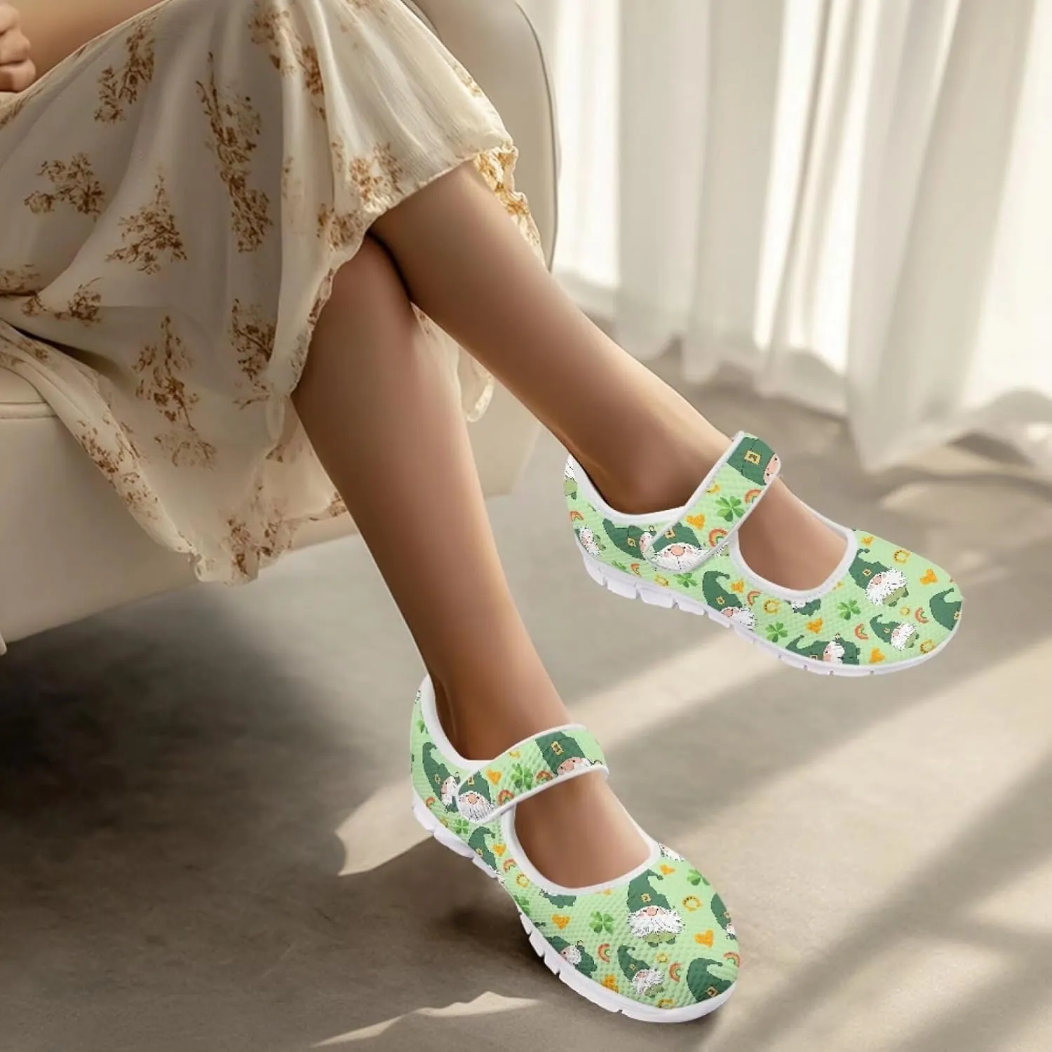 Howilath St. Patrick's Day Womens Dress Shoes Mary Jane Shoes Mesh Casual Flats Shoes Ballerina Shoes with Magic Sticke