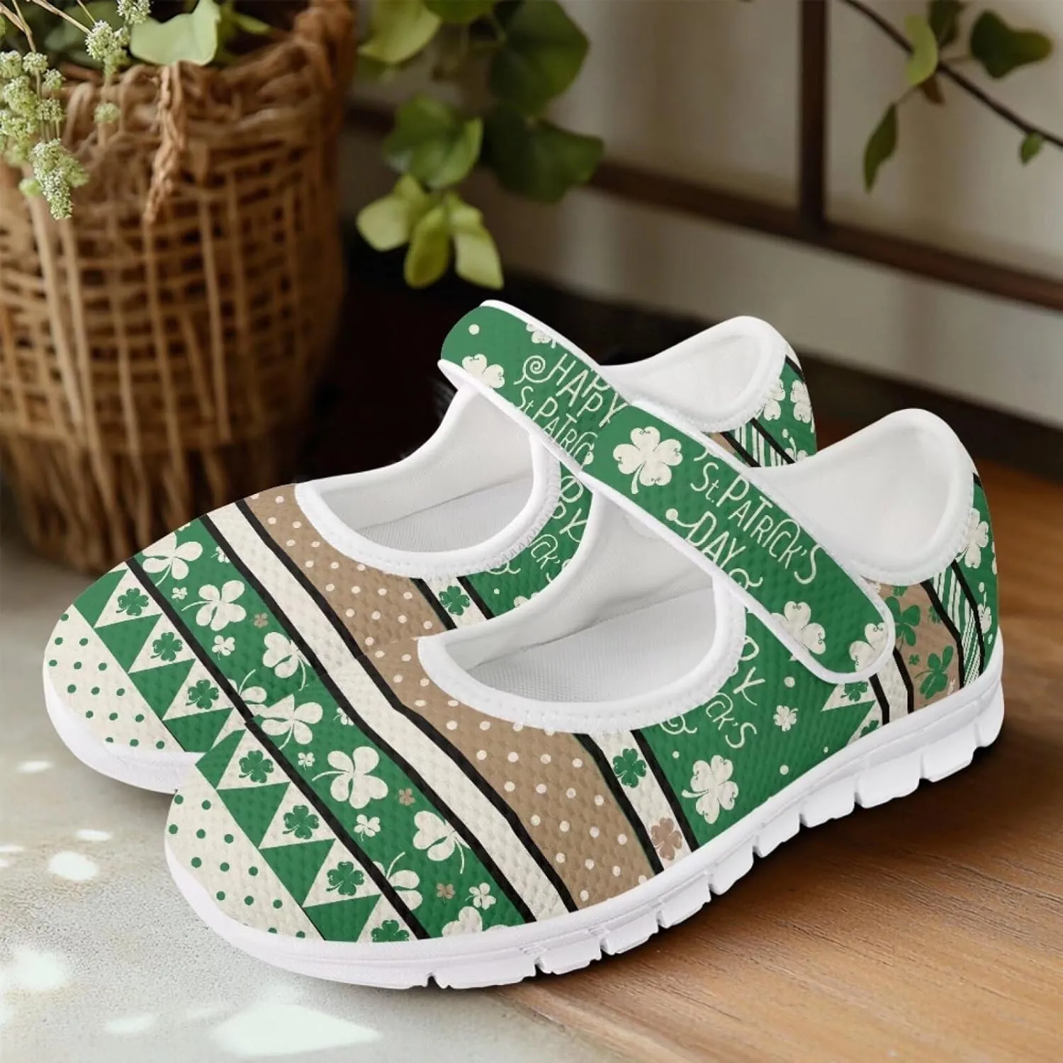 Howilath St. Patrick's Day Womens Dress Shoes Mary Jane Shoes Mesh Casual Flats Shoes Ballerina Shoes with Magic Sticke