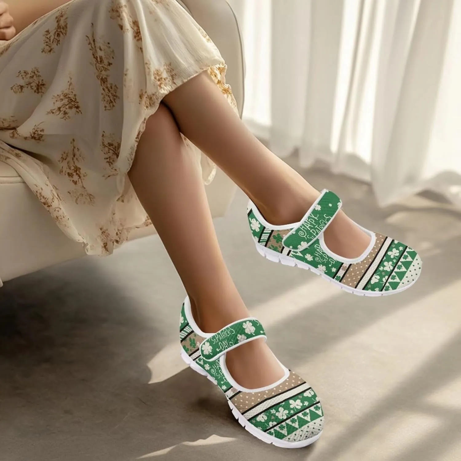Howilath St. Patrick's Day Womens Dress Shoes Mary Jane Shoes Mesh Casual Flats Shoes Ballerina Shoes with Magic Sticke