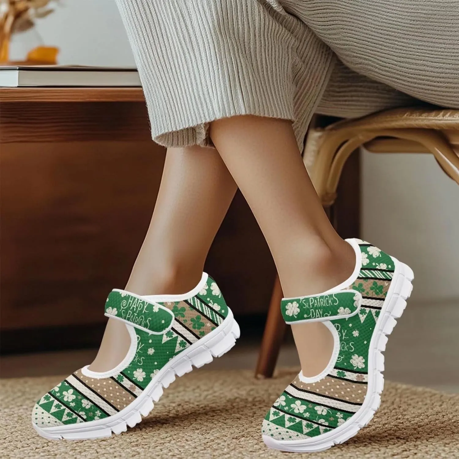 Howilath St. Patrick's Day Womens Dress Shoes Mary Jane Shoes Mesh Casual Flats Shoes Ballerina Shoes with Magic Sticke