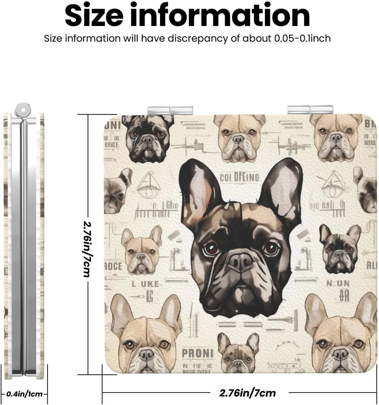 I Love French Bulldog Printed Square Pocket Makeup Mirror with 1X/2X Magnification, Portable Mini Travel Makeup Mirror for Travel Daily Work Beauty